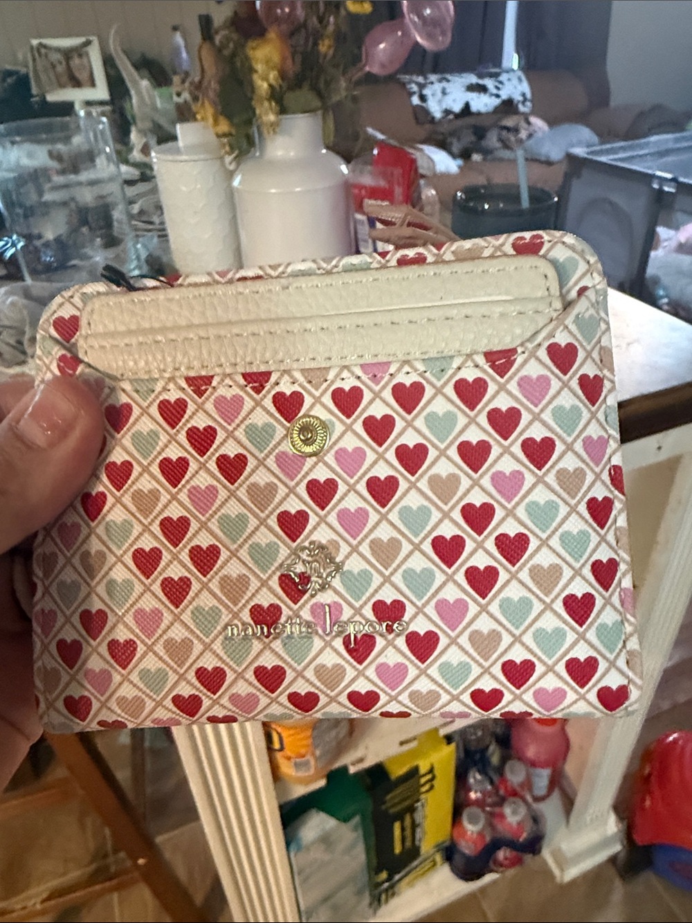 Nanette Lepore Cream Wallet with Red, Pink and Light Blue Hearts